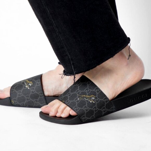 NEW GUCCI Men's GG Supreme Tiger Print Black Slides Sandals 9 G / US 9.5 Authen - Picture 8 of 11